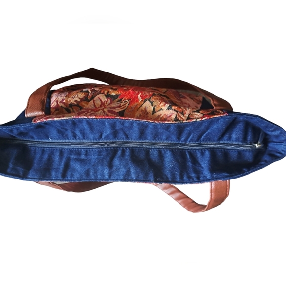 VTG GOLD COAST TAPESTRY denim zip tote bag faux leather straps floral coastal LG - Picture 7 of 12